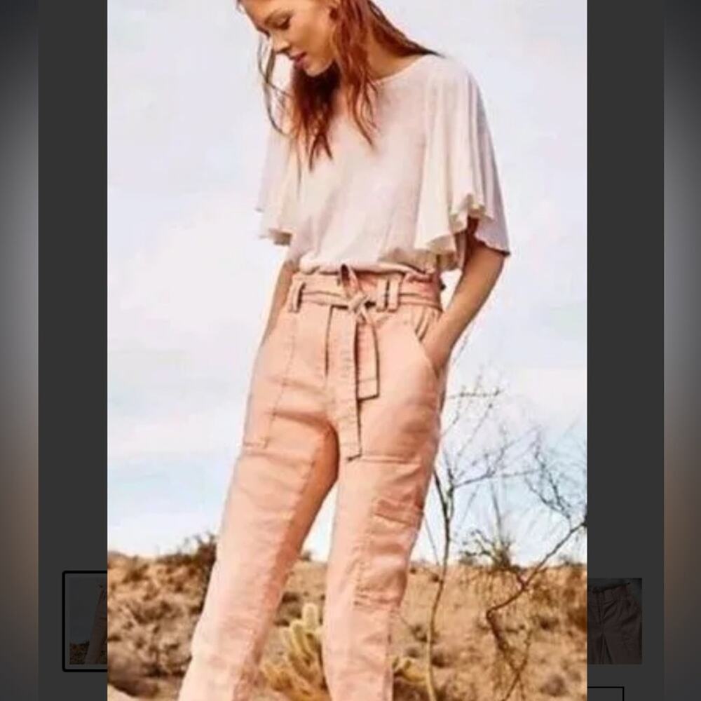 Anthropologie Elevenses Romantic Pink Beachy Linen Blend Paperbag Pants Size XS